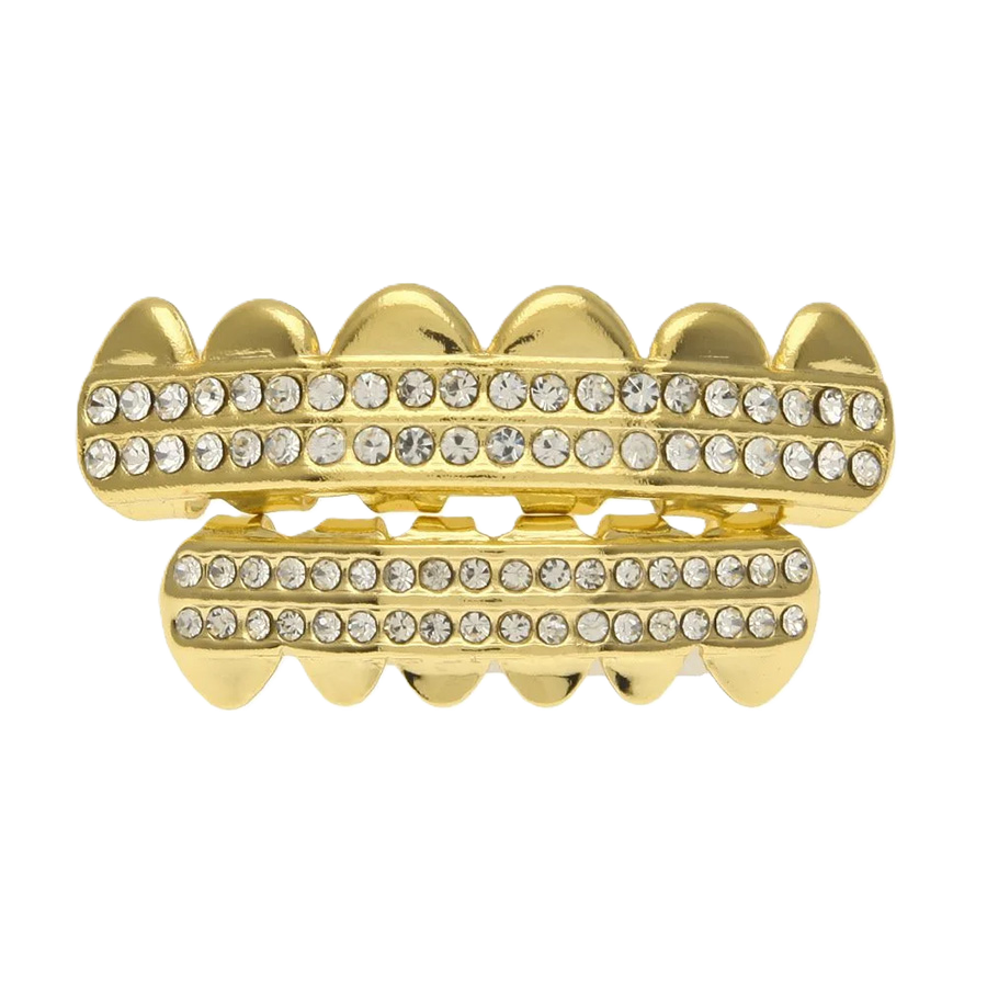 [FBG0013] Gold Plated Iced Double Row Diamonds Grillz- Upper Teeth