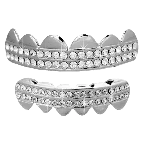 [FBG0015] Silver Plated Iced Double Row Diamonds Grillz- Upper Teeth